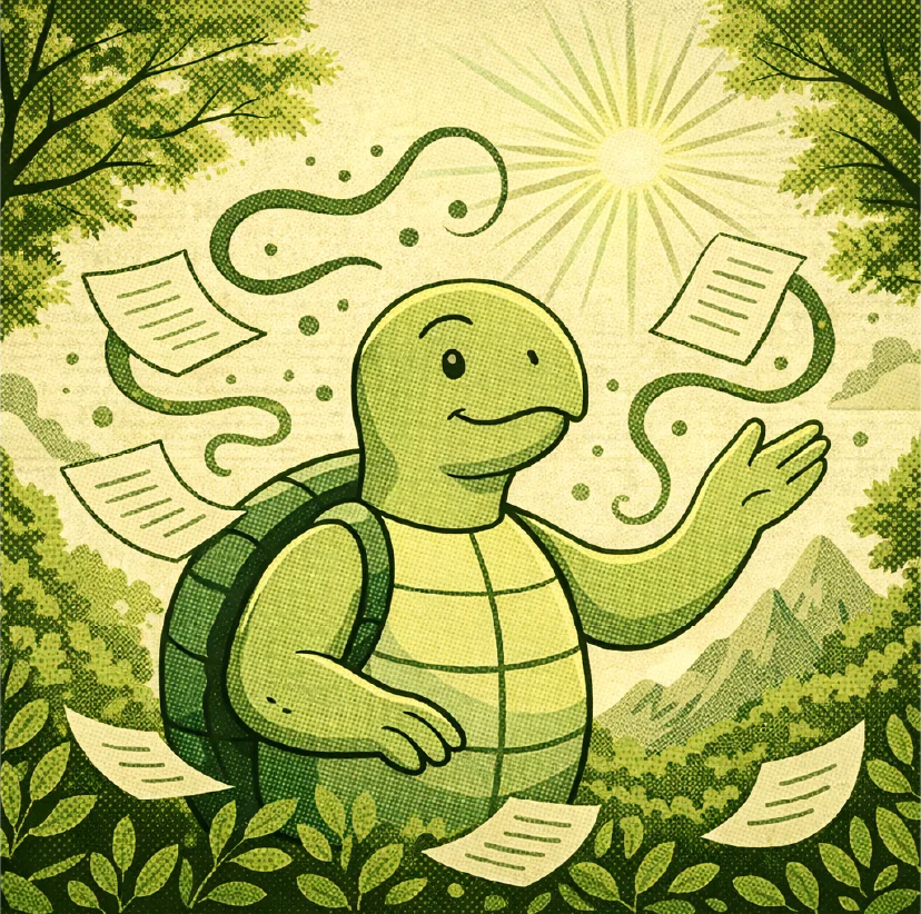 Happy turtle mascot with foliage background